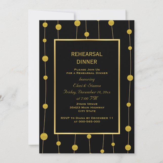 Black, gold foil beads wedding rehearsal dinner invitation (Front)