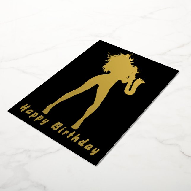 Black Gold Foil Birthday Card with Saxo Music Girl (Rotated)