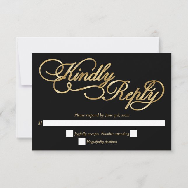 Black & Gold Foil Calligraphy Formal Wedding RSVP (Front)