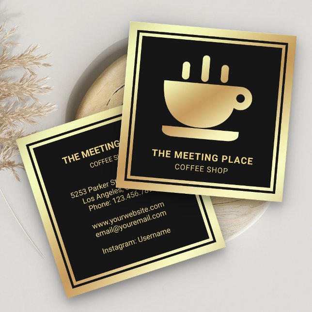 Black Gold Foil Coffee Cup Coffeehouse Coffee Shop Square Business Card (Creator Uploaded)