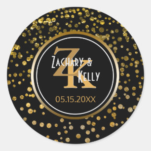 Black Gold Foil Confetti   Monogram Wedding Favour Classic Round Sticker