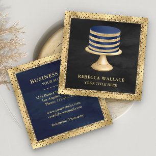 Black Gold Foil Custom Navy Blue Cake Bakery Square Business Card