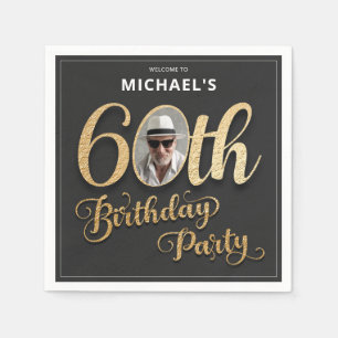 Black Gold Foil Custom Photo 60th Birthday Napkin
