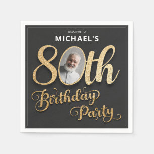 Black Gold Foil Custom Photo 80th Birthday Napkin