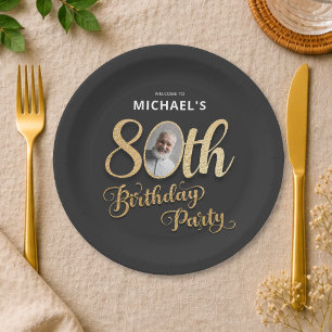 Black Gold Foil Custom Photo 80th Birthday Paper Plate
