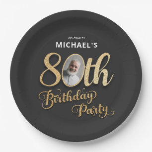 Black Gold Foil Custom Photo 80th Birthday Paper Plate