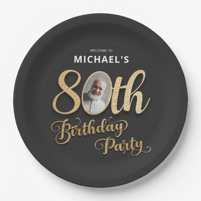 Black Gold Foil Custom Photo 80th Birthday  Paper Plate (Front)