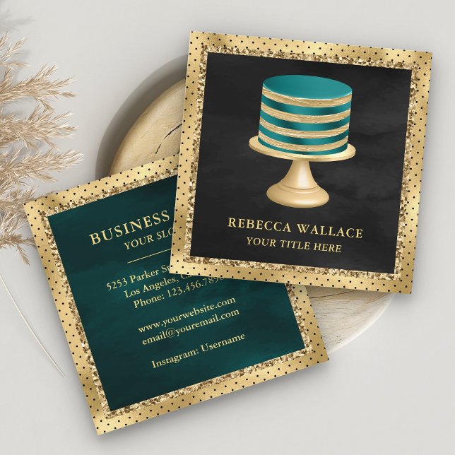 Black Gold Foil Custom Teal Cake Bakery Square Business Card (Creator Uploaded)
