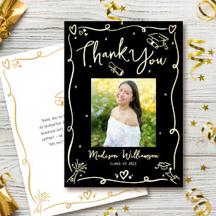 Black Gold Foil Doodles Photo Grad Thank You Card