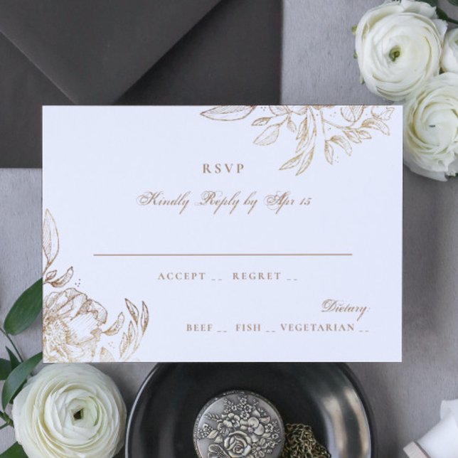 Black Gold Foil Floral Hand Drawn Elegant Wedding RSVP Card (Creator Uploaded)