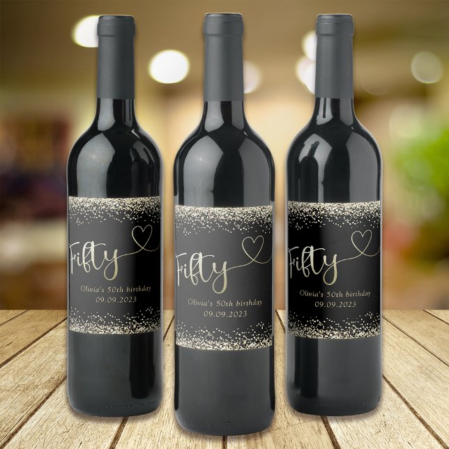 Black Gold Foil Glitter 50th Birthday Wine Label (Creator Uploaded)