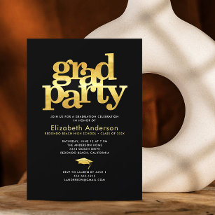 Black gold foil grad party modern bold typography invitation