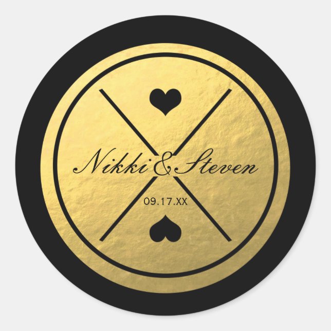 Black & Gold Foil Heart Round Wedding Sticker (Front)