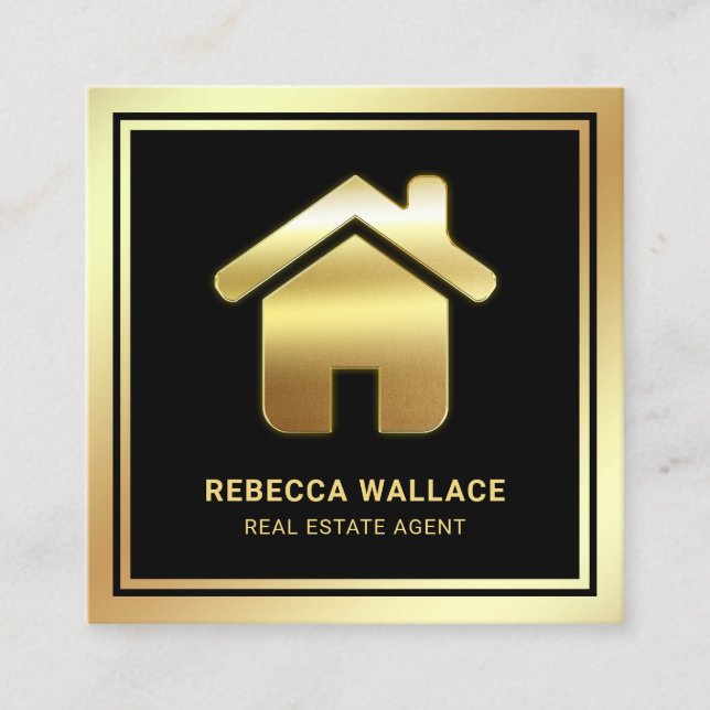 Black Gold Foil Home Logo Real Estate Agent Square Business Card (Front)