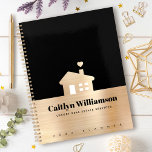 Black Gold Foil Real Estate Broker Agent House Planner<br><div class="desc">A simple, faux gold brushed foil metallic, modern house icon and bold black typography on a gold brushed foil metallic band overlay a black background on this chic, elegant, graphic custom name yearly planner. Personalise with your name, company and current year. Fill in the back side with your phone numbers,...</div>