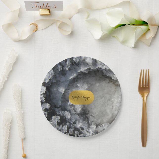 Black Gold Foil Sea Crystals Signature  Paper Plate (Wedding)