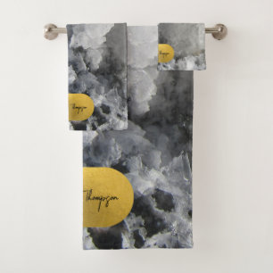 Black Gold Foil Sea Crystals Signature Script  Bath Towel Set