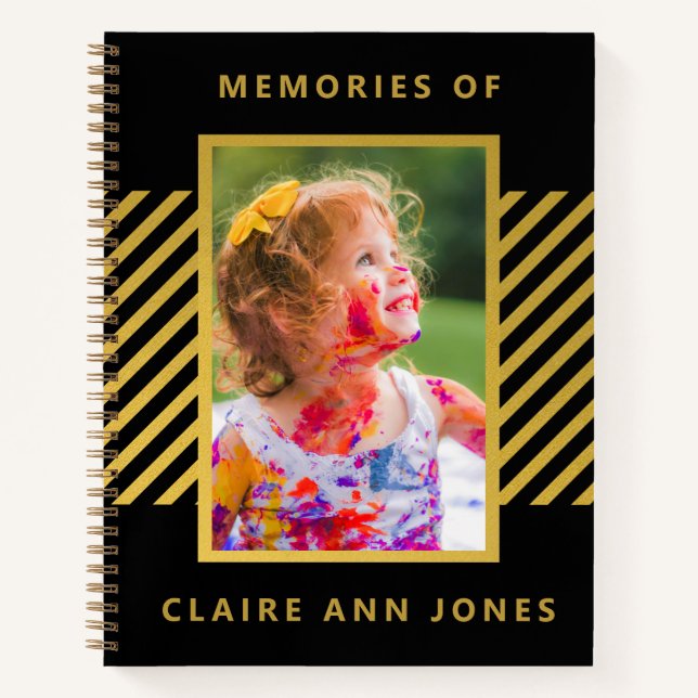 Black Gold Foil Stripes Child Memory Notebook (Front)