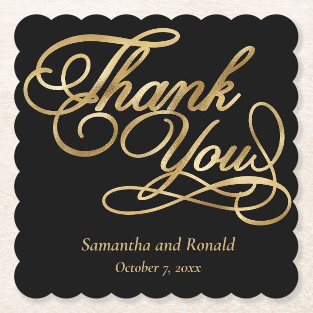 Black & Gold Foil Thank You Calligraphy Wedding Paper Coaster (Front)