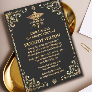 Black Gold foil Veterinary Medicine Graduation Invitation