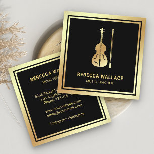 Black Gold Foil Violin Music Teacher Violinist Square Business Card