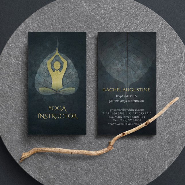Black & Gold Foil Yoga Meditation with Bodhi Leaf Business Card (Creator Uploaded)
