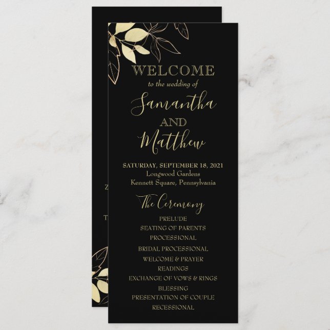 Black & Gold Foliage Botanical Wedding Program Programme (Front/Back)