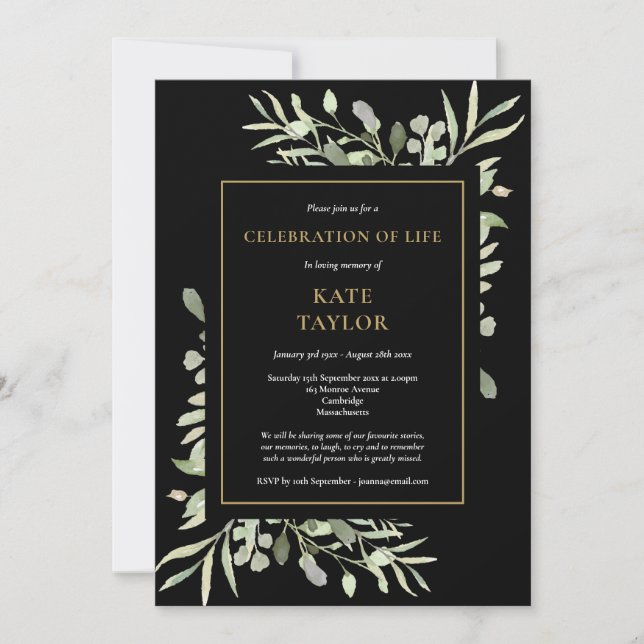 Black Gold Foliage Celebration of Life Photo Invitation (Front)