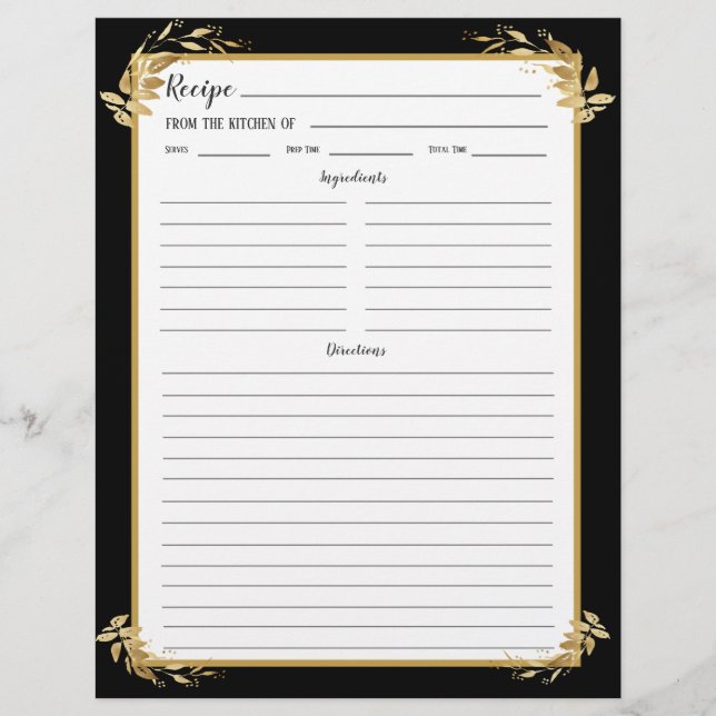 Black Gold Foliage Recipe Binder Page (Front)