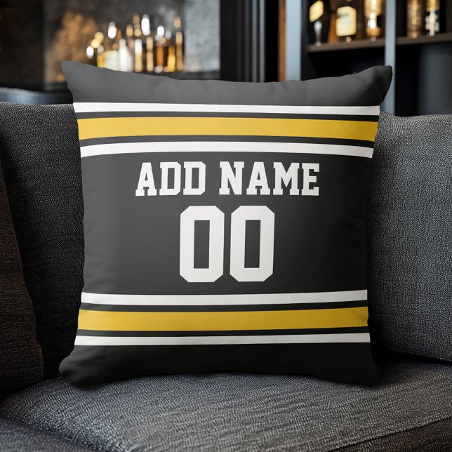 Black Gold Football Jersey Custom Name Number Cushion (Custom Sports Pillow for a Man Cave)