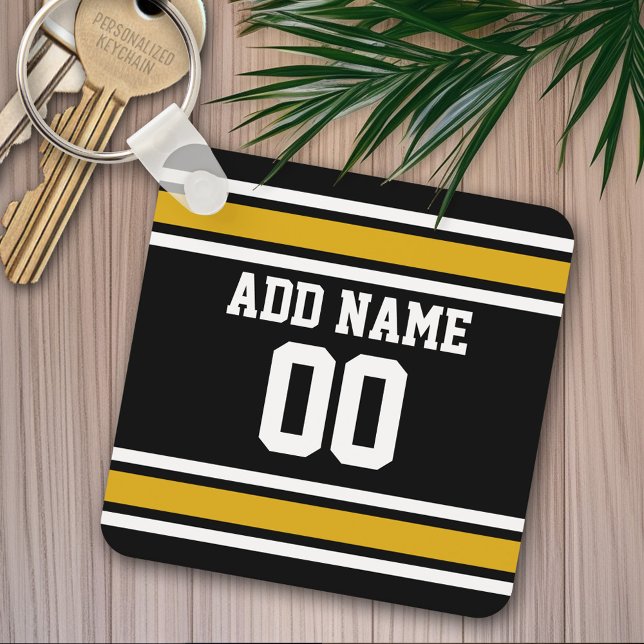 Black Gold Football Jersey Custom Name Number Key Ring (Personalized keychain - Sports Jersey Theme)