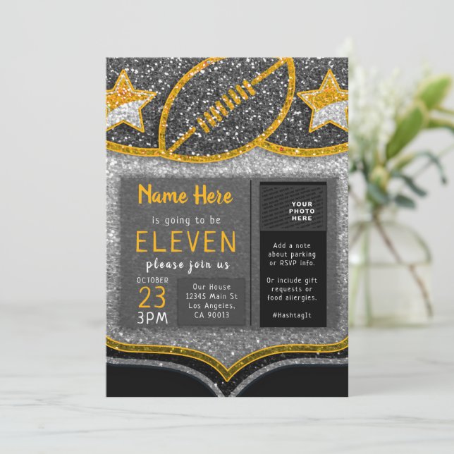 Black & Gold Football Team Sports Glitter Birthday Invitation (Standing Front)