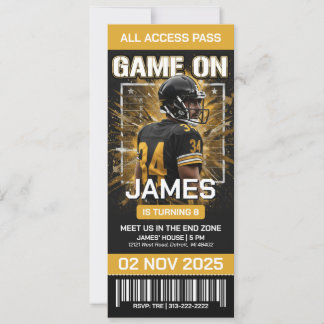 Black & Gold Football Ticket Birthday Invitation