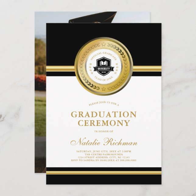 Black & Gold Formal Graduation Ceremony Photo Invitation (Front/Back)