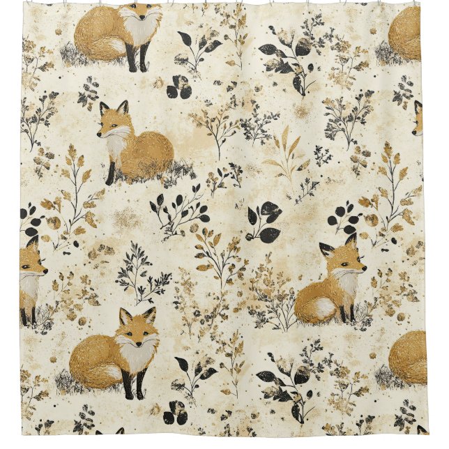 Black Gold Fox Arts Crafts Floral Pattern Shower Curtain (Front)