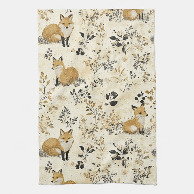 Black Gold Fox Arts Crafts Floral Pattern Tea Towel (Vertical)