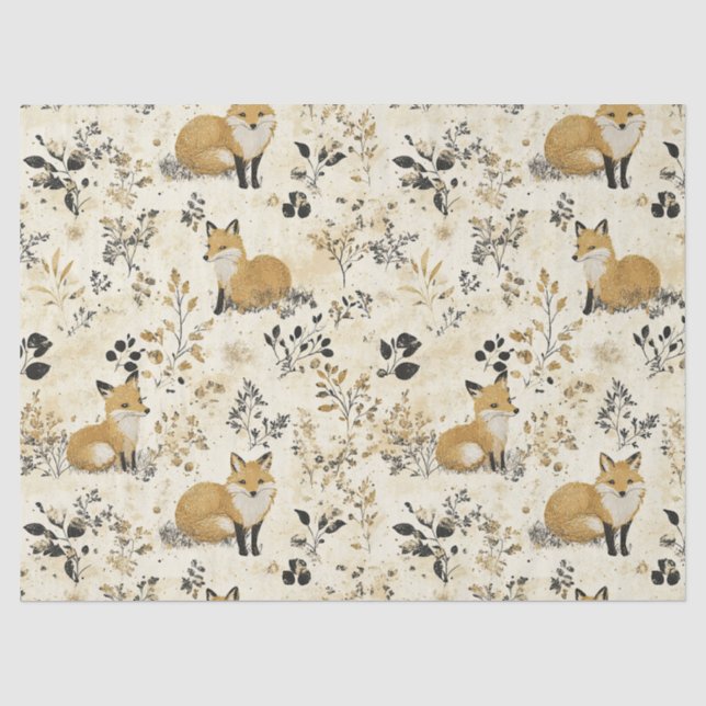 Black Gold Fox Arts Crafts Floral Pattern Tissue Paper (Front)