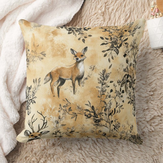 Black Gold Fox Botanical Victorian Pattern Cushion (Blanket)