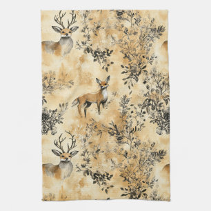 Black Gold Fox Botanical Victorian Pattern Tea Towel