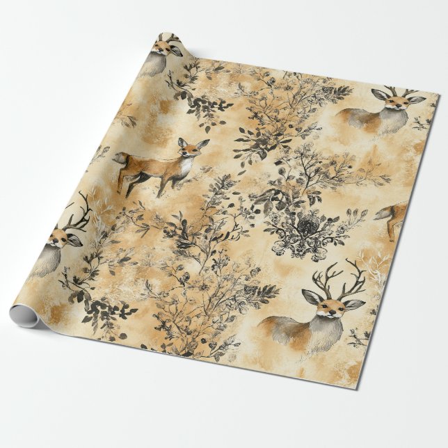 Black Gold Fox Botanical Victorian Pattern Wrapping Paper (Unrolled)