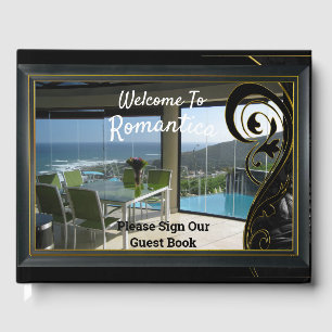 Black Gold Frame, Black Filigree Sbstract Guest Book