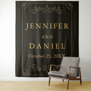 Black Gold Frame Borders Wedding Booth Backdrop Tapestry