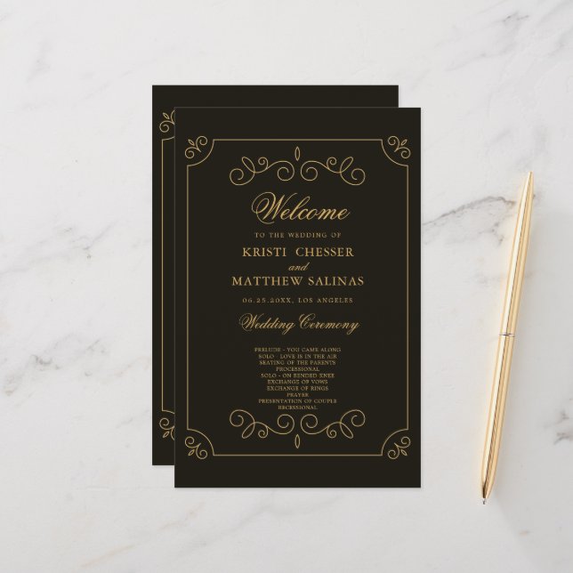 Black Gold Frame Borders Wedding Program Card (Front/Back In Situ)