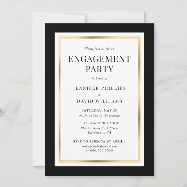 Black Gold Frame Engagement Party Invitation (Front)