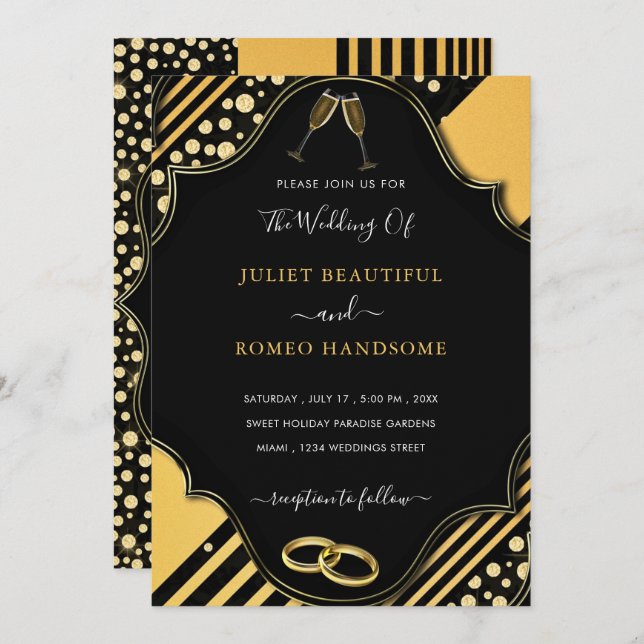 Black Gold Framed Wedding Invitation Template (Front/Back)