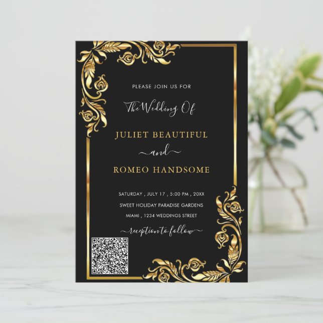 Black Gold Framed Wedding Invitation with QR Code (Standing Front)