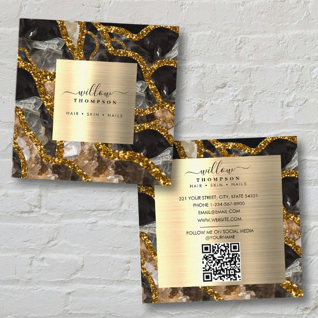 Black Gold Geode Agate Social Media QR Code Square Business Card (Black Gold Geode Agate Social Media QR Code Square Business Card)