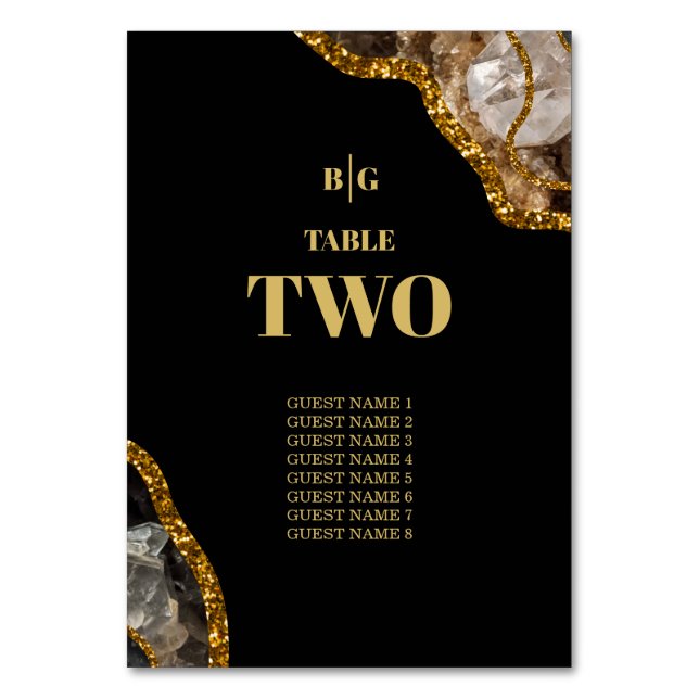 Black & Gold Geode Glitter Wedding  Table Number (Front)