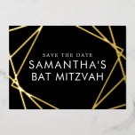 Black Gold Geometric Bat Mitzvah Save the Date<br><div class="desc">REAL foil Bat Mitzvah Save the Date Card with Modern Geometric Overlapping Squares in Gold,  Silver,  or Rose Gold Pink Foil on black and white background with your personalised photo on the back.</div>