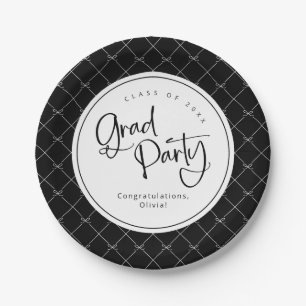Black Gold Geometric Bows Pattern Grad Party Paper Plate